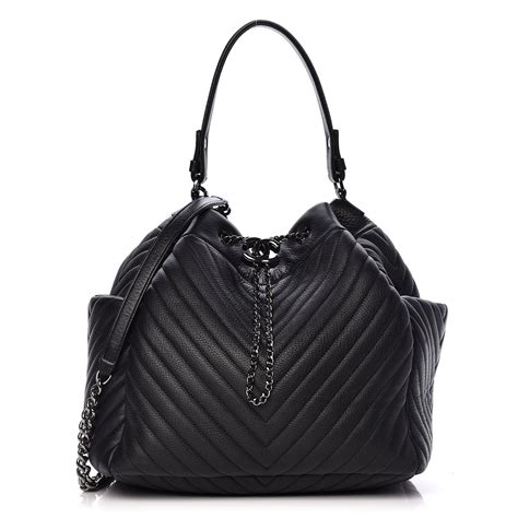 CHANEL Deerskin Chevron Large CC Chain Bucket Drawstring 